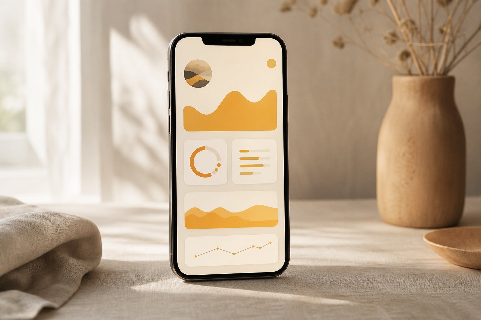 A phone previewing a wrapped web app on a cream desk.